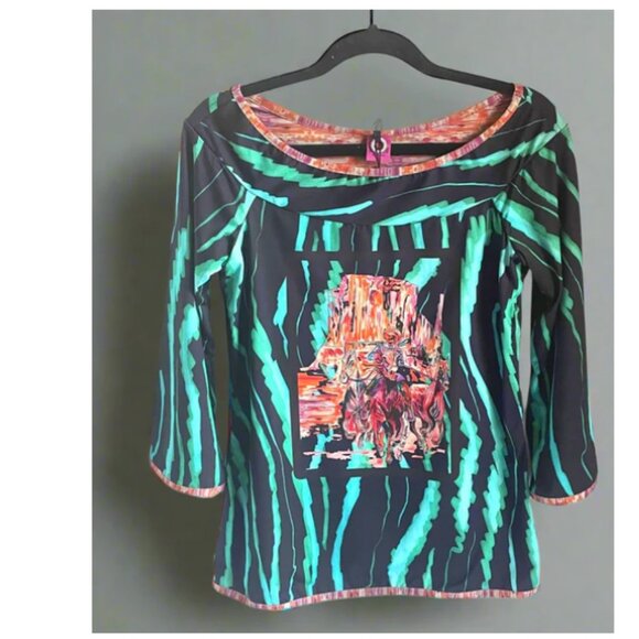 Save the Queen Cowboy 80s Top Womens Large Green Black Boat Neck Stretch - Picture 2 of 9